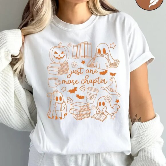 Tops - Just One More Chapter Shirt, Ghost Books Halloween Shirt, Ghost Reading Books